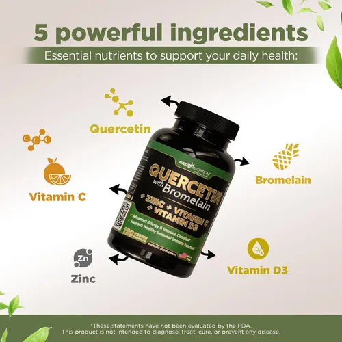 Miniatura 3 de Quercetina con vitamina C y zinc - Quercetina 500 mg - Quercetina con bromelina - Quercetina de zinc - 120 cápsulas vegetarianas. Suplementos