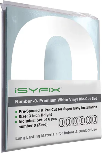 Miniatura 52 de iSYFIX - Calcomanías de vinilo blancas con número 0 (cero) - Juego de 6 unidades de 1.5 pulgadas autoadhesivas - Decalcomanías premium troqueladas