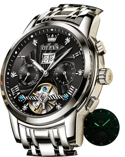 OLEVS Self Winding Watches for Men Tourbillon Automatic Mechanics Luxury Dress Stainless Steel Strap Luminous Waterproof Men Wrist Watches