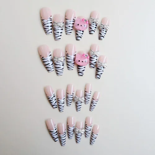 Miniatura 3 de Uñas postizas a presión con estampado de leopardo, lindas uñas postizas con dijes, uñas largas de ataúd, uñas postizas de cobertura completa