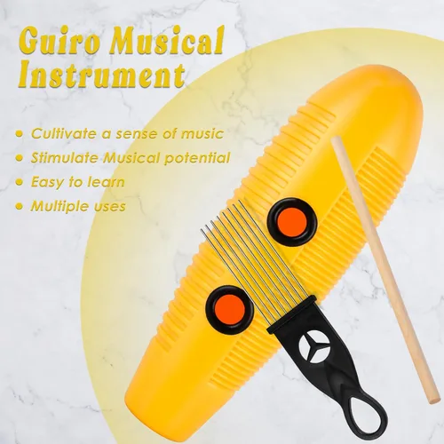 Miniatura 4 de EASTROCK Instrumento Guiro de 3.9 x 13 pulgadas, instrumento de percusión latina en forma de pez con 2 raspadores, instrumento de guiro amarillo
