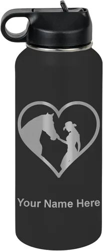 Miniatura 75 de LaserGram Botella de agua personalizada, corazón de vaquera de caballo, acero inoxidable de doble pared aislada al vacío con popote superior, regalo