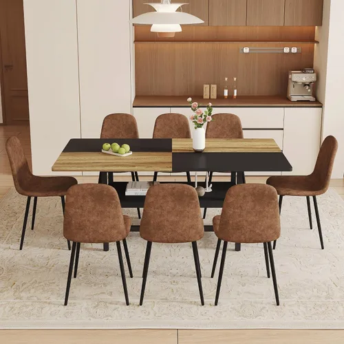Miniatura 32 de Juego de mesa de comedor de 71 pulgadas para 6 personas con estante de almacenamiento, juego de mesa de comedor rectangular industrial moderna