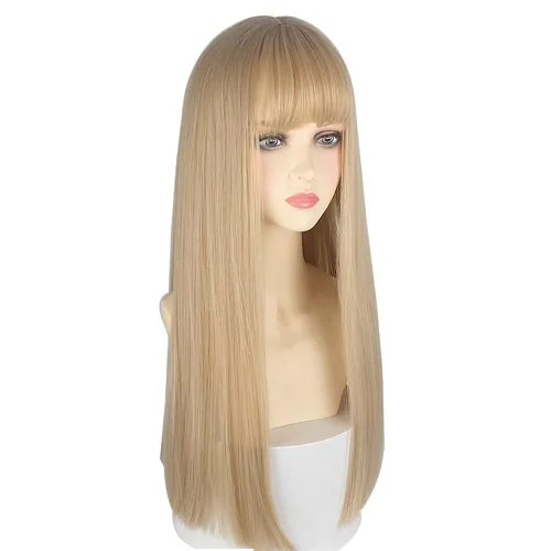 Miniatura 17 de Peluca de 22 pulgadas de largo y lacia con flequillo de cortina para mujer, cabello sintético negro, resistente al calor, para fiesta, cosplay, Té