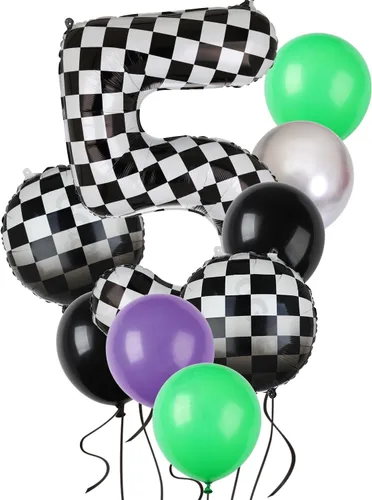 Miniatura 10 de Paquete de globos de auto de carreras azul y negro de 40 pulgadas, globo de números a cuadros 2 en blanco y negro, globos de látex para niños, dos