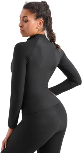 Miniatura 5 de Traje de sauna, chaqueta moldeadora de cuerpo de sudor caliente, entrenador de cintura, manga larga, con cremallera, camiseta de entrenamiento Negro