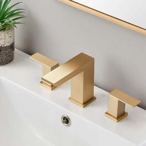 Grifo de lavabo de baño de oro cepillado, grifo de baño de cascada de 3 agujeros, grifos de baño de tocador de 2 asas, grifo de baño moderno con