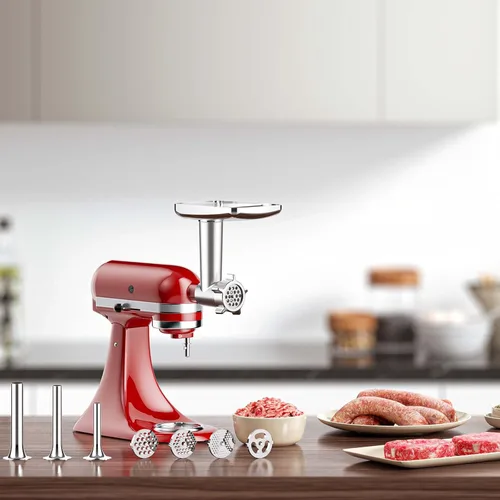 Miniatura 7 de COFUN Picadora de carne para batidora KitchenAid, molinillo de alimentos de metal con 4 placas de molienda, 3 tubos de relleno de salchichas, 2