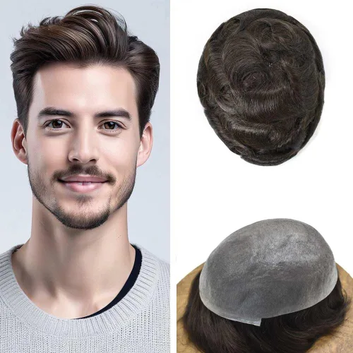 Miniatura 86 de 0.002 in ultra fina piel tupé Remy cabello humano piezas para hombres V-Looped sistema de pelo para hombre tupé pelo tupé para hombres protesis