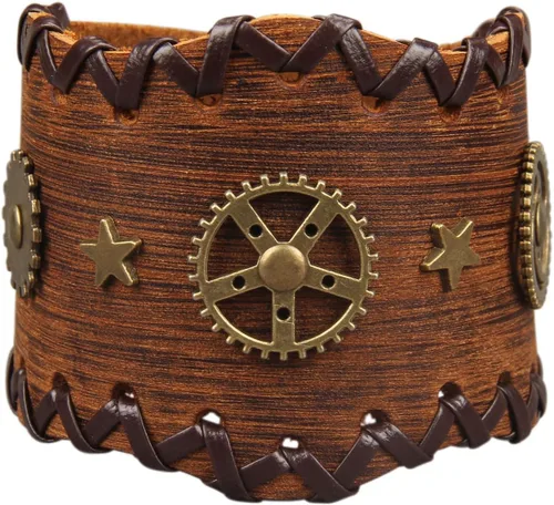 Miniatura 57 de Jeilwiy Pulseras de cuero punk para hombres, pulseras hechas a mano, brazalete ancho, joyería trenzada, color negro y marrón, ajustable, regalos