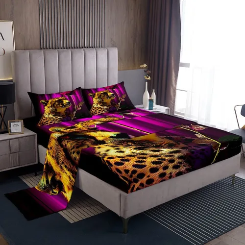 Miniatura 10 de Erosebridal Sábanas de cama de guepardo con rosa roja, juego de sábanas de bolsillo profundo con estampado de leopardo y gato, sábana bajera
