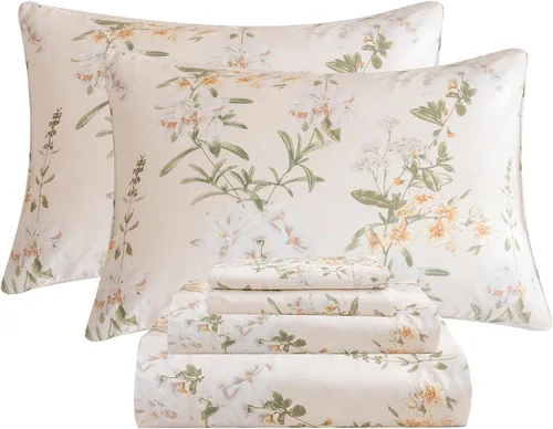Miniatura 34 de QSH Juego de sábanas tamaño King con estampado floral - Estampado botánico de flores verdes, pájaros y mariposas, ropa de cama de algodón egipcio
