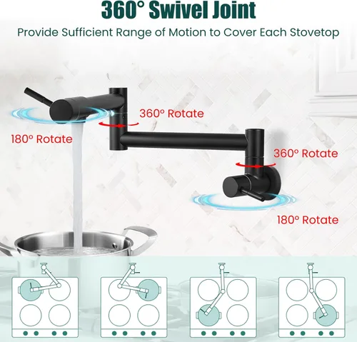 Miniatura 2 de Heyalan Pot Filler - Llenador de ollas de 19 pulgadas para montaje en pared, plegable, extensible, grifo de cocina y restaurante de acero Negro mate