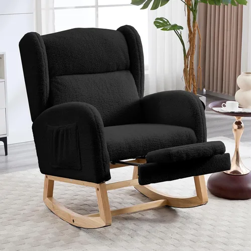 Miniatura 11 de NIOIIKIT Nursery Rocking Chair with Footrest, Teddy Upholstered Glider Chair, Nursery Gliding Recliner with Side Pocket, Glider Rocker for Living