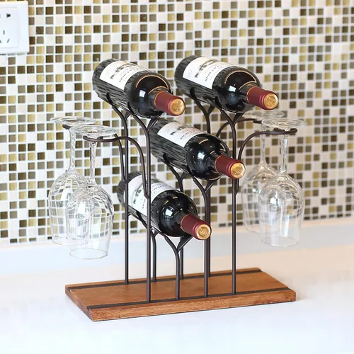 Miniatura 5 de Soporte de madera para vino de mesa, estante de vino de encimera, capacidad para 4 botellas de vino y 4 vasos, perfecto para decoración del hogar