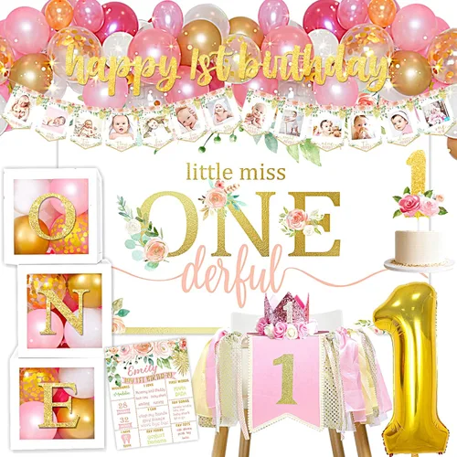 Decoraciones de primer cumpleaños para niña – Cajas de globos, telón de fondo, pancarta para silla alta, corona, pancarta de fotos – Suministros de
