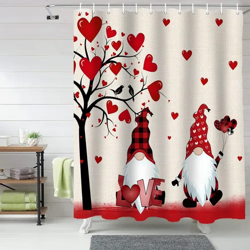 Miniatura 21 de cortina de ducha de gnomos del día de San Valentín, cortina de ducha rosa con corazones de amor para decoración de baño, juegos de cortinas de ducha