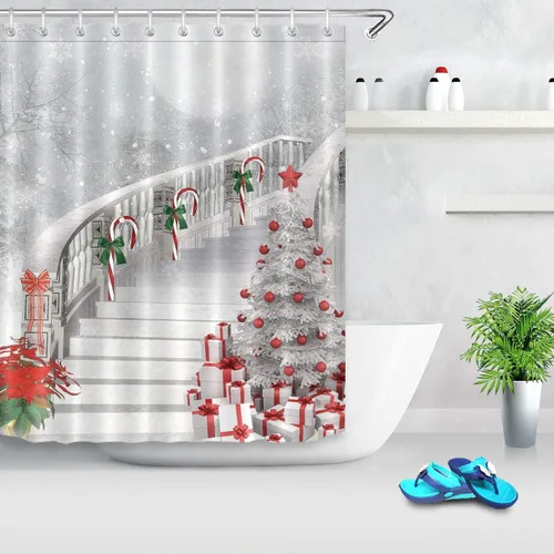 LB Cortina de ducha decorativa para regalo de Año Nuevo, decoración de Navidad, tela de poliéster, 58 x 70 pulgadas, color blanco, noche, nieve,