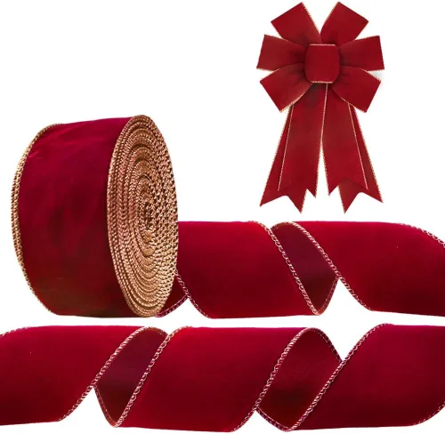 Miniatura 8 de Threetols Cinta de terciopelo rojo burdeos de 100 yardas, cinta de arpillera con bordes dorados de terciopelo rojo de 2.5 pulgadas, cinta