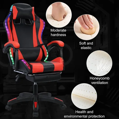 Miniatura 7 de Silla de juegos con altavoces Bluetooth y luces LED, silla ergonómica de masaje para computadora, altura ajustable, silla de videojuegos con asiento