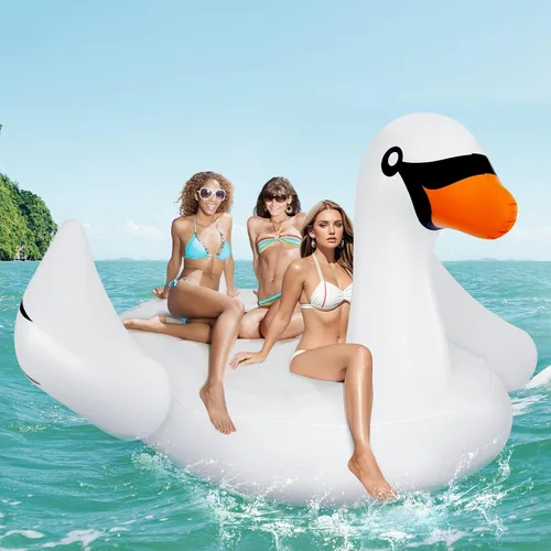 Miniatura 8 de Goplus Isla flotante de cisne inflable gigante, flotador de piscina para 4 personas con 4 soportes para tazas, muelle flotante recreativo para lago