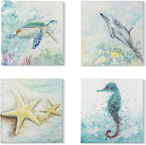 Miniatura 11 de SEVEN WALL ARTS 4 piezas de arte familiar retro de granja de moda, gallo de vaca, caballo y cerdo, impresiones de animales vintage, pintura verde
