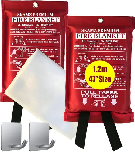 SKAMZ Manta de emergencia contra incendios para el hogar y la cocina, tamaño XL, paquete de 2 unidades de 47 x 47 pulgadas con ganchos, manta