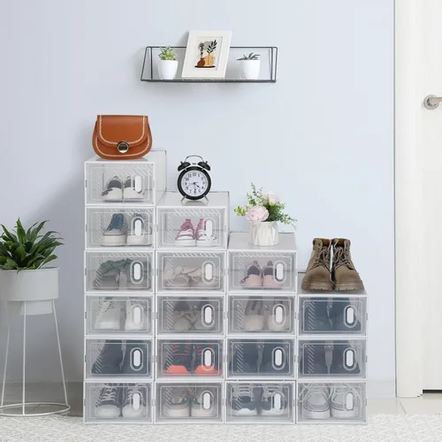 Miniatura 14 de Paquete de 6 cajas de zapatos apilables de plástico transparente, cajas organizadoras de zapatos con tapas para tenis, estuche para zapatos hasta