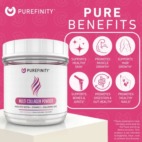 Miniatura 4 de PUREFINITY Péptidos de colágeno para mujeres, tipo I, II, III, V y X con biotina y ácido hialurónico, apoya la piel, huesos, cabello y uñas