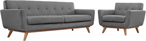 Miniatura 9 de Modway Engage - Sillón de una pieza tapizado con tela y sofá de dos piezas de estilo de mediados de siglo, Tela, Gris