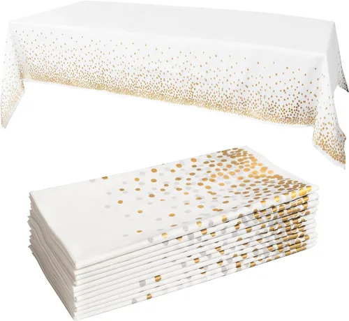 Miniatura 7 de Paquete de 2 manteles de plástico desechables, de 54 x 108 pulgadas, color blanco y dorado, para fiestas, impermeables y resistentes a la grasa