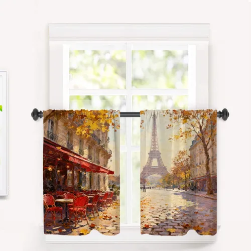 Miniatura 60 de Cortinas opacas de cocina con pintura al óleo de Europa rosa y negra para ventanas, cenefas opacas modernas de torre Eiffel de poliéster multicapa