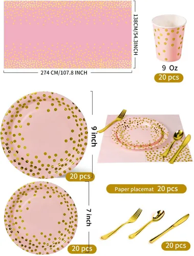 Miniatura 3 de Nkaiso 141 piezas de suministros de fiesta de oro rosa, los juegos de vajilla de fiesta incluyen platos de papel, servilletas, tazas y cubiertos