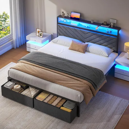 Miniatura 6 de Fluest Base de cama Queen con 2 cajones, cabecera tapizada con estación de almacenamiento y carga, luces LED, cajones de tela con ruedas