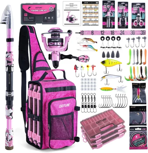 Miniatura 28 de Goture Combo de caña de pescar y carrete rosa - Carrete giratorio ML Action con bolsa rosa - Kit de caña telescópica para principiantes, viajes