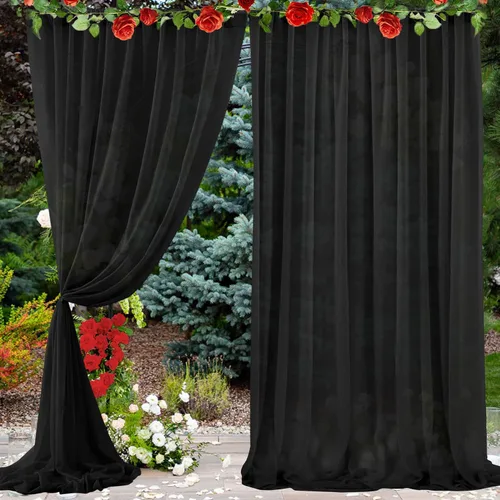 Miniatura 23 de PARTISKY Cortinas de telón de fondo de gasa negra de 10 x 7 pies, cortinas de fotos de tela transparente sin arrugas para boda, ceremonia, arco