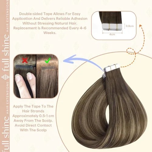 Miniatura 4 de Full Shine - Extensiones de cabello humano real con cinta adhesiva de 18 pulgadas, cabello humano balayage, color 4 que se desvanece a rubio