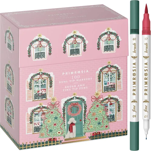 Primrosia 100 marcadores artísticos de doble punta, caja de regalo de edición navideña. Juego de puntas finas y de pincel para diario, caligrafía,