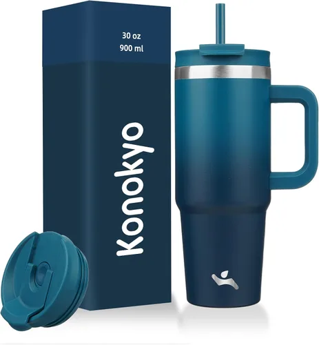 Miniatura 27 de Konokyo - Vaso de 40 onzas con asa y 2 pajillas, botella de agua aislada 2 en 1 con tapa. Taza de viaje de acero inoxidable para café, flores