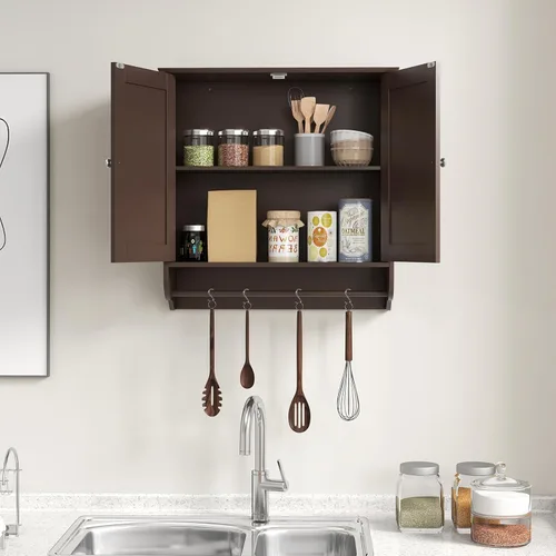 Miniatura 2 de COSTWAY Armario de baño montado en la pared, armario de almacenamiento sobre el inodoro con toallero, 2 puertas y estante ajustable, gabinete