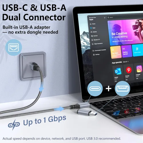 Miniatura 2 de Jadaol Cable USB-C/USB-A a Ethernet de 3 pies, adaptador USB-A integrado, LAN Gigabit RJ45 de hasta 1 Gbps, Plug & Play para la mayoría
