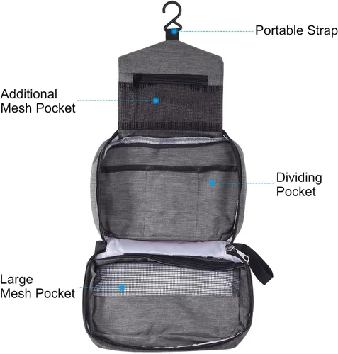 Miniatura 4 de PATIKIL Neceser de viaje, organizador de maquillaje portátil, bolsa de aseo impermeable con gancho para colgar para hombres y mujeres, Gris