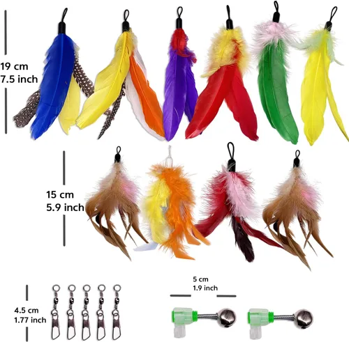 Miniatura 3 de 10 piezas de repuesto de plumas para gato, varita de repuesto para gatos con clip y campana extraíble, juguetes de plumas para gatos