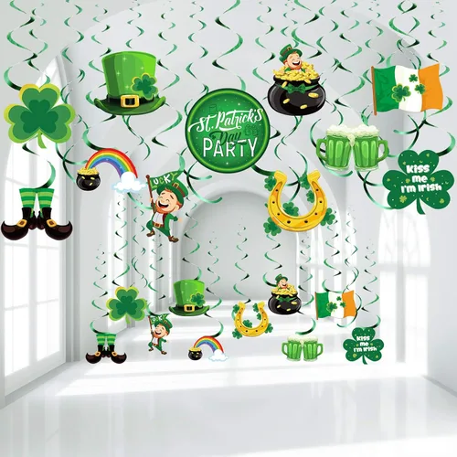 30 piezas de decoración colgante del día de San Patricio, trébol irlandés de la suerte, trébol, duende, herradura, letrero de papel de aluminio,
