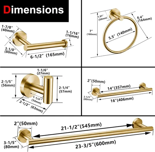 Miniatura 7 de Juego de 6 piezas de accesorios de baño de oro cepillado, anillo de toalla de mano de 16 y 23.6 pulgadas, soporte para toallas redondas, ganchos