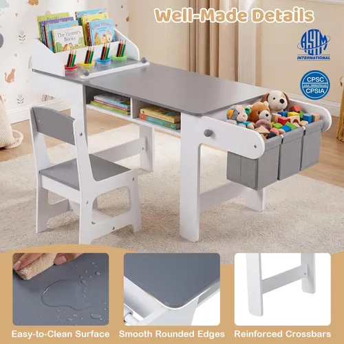 Miniatura 5 de Costzon Mesa y silla de arte para niños, mesa de madera para manualidades con rollo de papel y contenedores de tela para dibujar, leer, estudiar