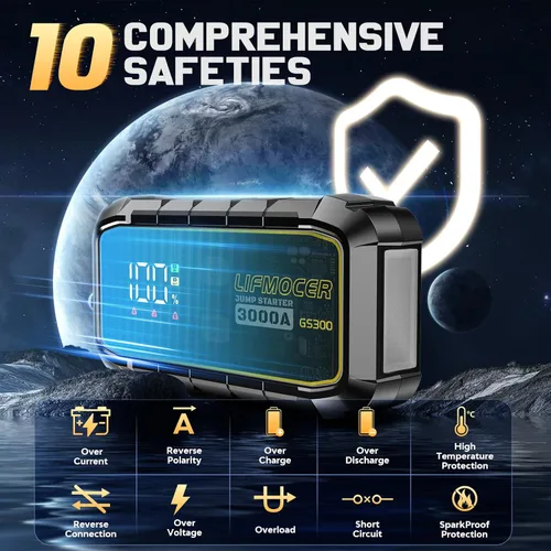 Miniatura 4 de GS300 Arrancador de coche, batería portátil de 3000 A para motores de gasolina de hasta 10.0 L y 8.0 L diésel, caja de salto de 59.2 WH 12 V