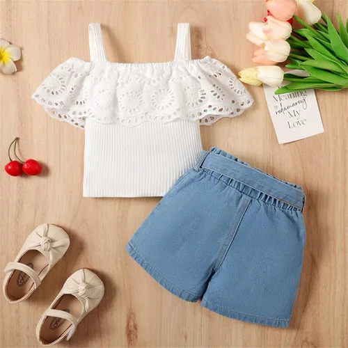 Miniatura 2 de PATPAT Bebé Niña 100% Algodón Denim Shorts Corazón Impreso Blanco Manga Corta Top Con Diadema Conjunto 3 Meses-3 Años