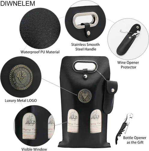 Miniatura 3 de Bolsa de cuero para vino, bolsas de regalo de vino de cuero con abridor de vino, bolsa de botella de cerveza champán para bodas, cumpleaños, viajes