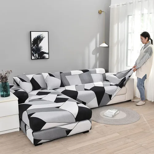 Miniatura 6 de LiveGo Funda de sofá en forma de L, 2 piezas, elástica y elástica de 3 plazas, protector de muebles con 4 fundas de almohada para sala de estar